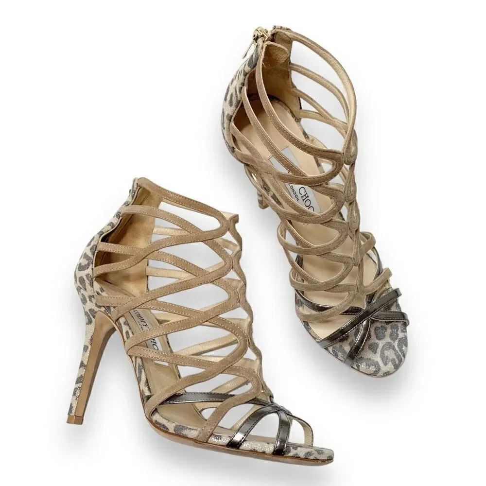 Jimmy Choo Fiesta Leopard-Print Caged Sandal, Nude Metallic Shimmer Women’s - 36